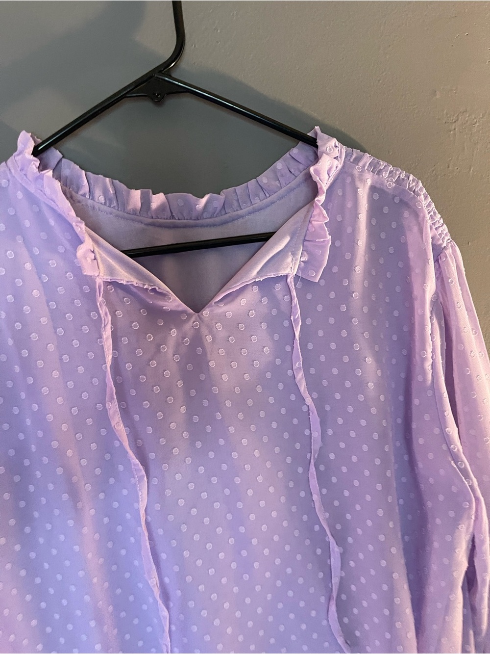 Women's Lavender Polka Dot Ruffle Tie Neck Blouse - Picture 2 of 4